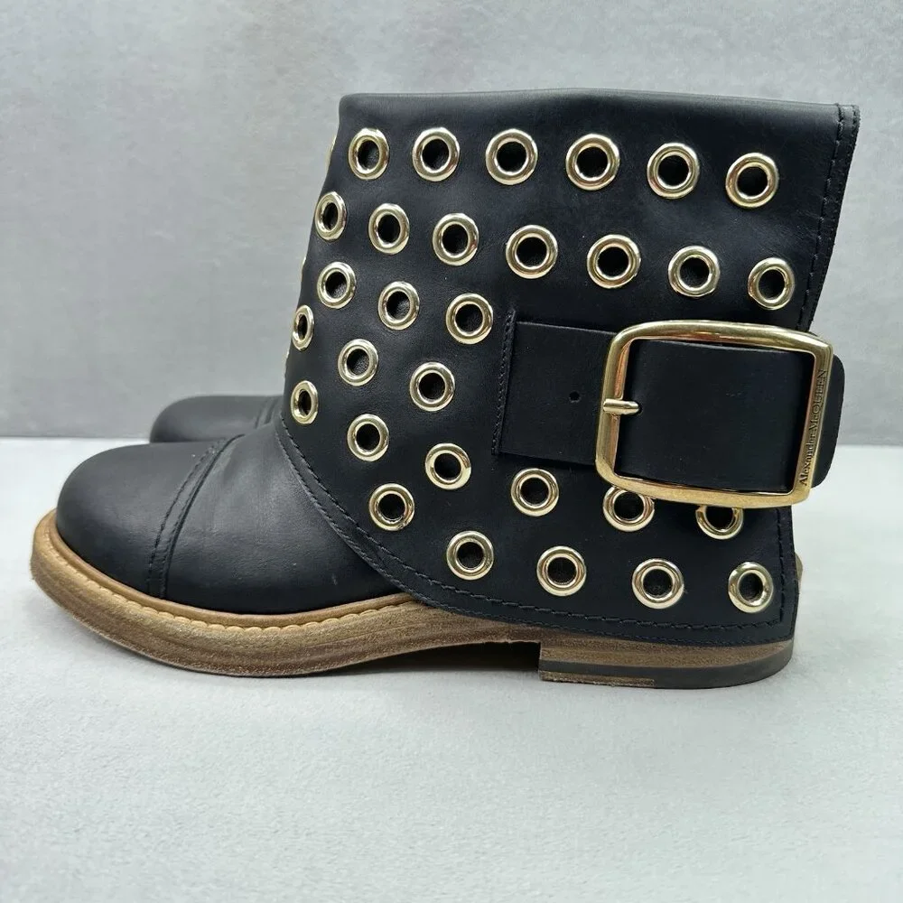 Alexander McQueen Womens 9 (EU 39) Ankle Boots Black Leather Buckle Gold Grommet